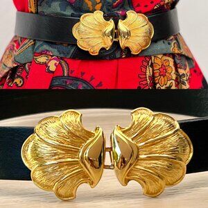 Vintage Dotty Smith Black Leather Adjustable Cinch Belt Gold Leaf Buckle Size L